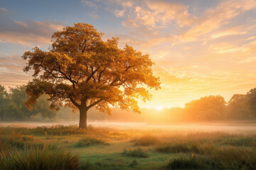 Obraz premium Solitary Oak Tree in Misty Meadow at Sunrise with Golden Light