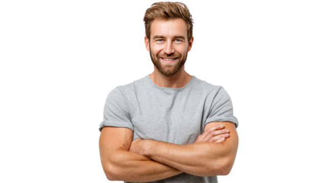 Happy man: a portrait of a man with a captivating smile, radiating confidence and approachability. The image highlights his charming demeanor and warm expression.