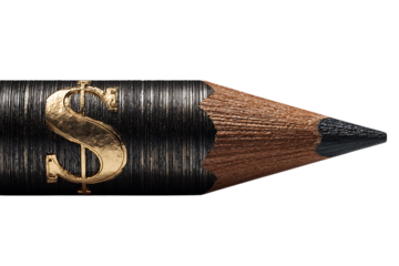 Close up of a pencil with a gold dollar sign.
