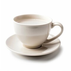 Creamy light beige teacup and saucer, filled with a light liquid, isolated on white