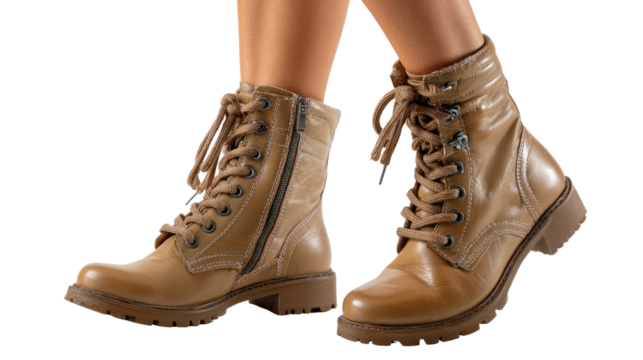 Stylish Beige Boots: A close-up showcases a pair of fashionable beige boots, emphasizing the leather texture and intricate lace details, offering a sense of elegance and refined taste.