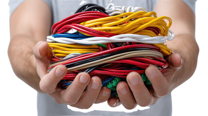 Bundled Wires of Modern Network: A close-up shot of a man's hands carefully cradling a vibrant bundle of intertwined electrical wires, signifying connectivity and complex systems. 