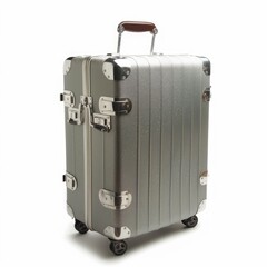 Vintage-style, metallic gray suitcase with wheels