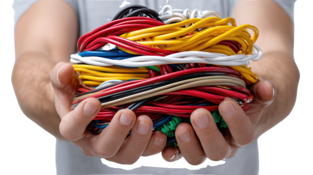 Bundled Wires of Modern Network: A close-up shot of a man's hands carefully cradling a vibrant bundle of intertwined electrical wires, signifying connectivity and complex systems. 