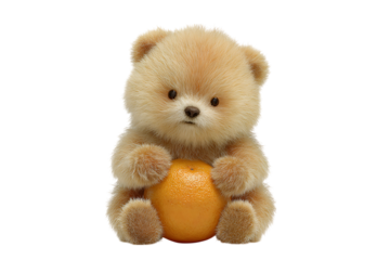 Adorable Pomeranian puppy holding an orange.