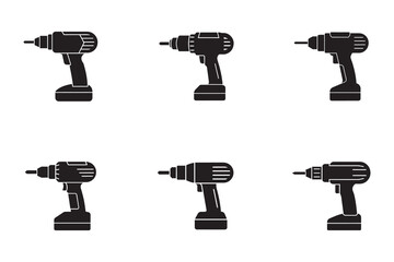 Set of Black and White Power Drill Silhouettes for DIY Projects and Construction Needs Depicting Different Styles