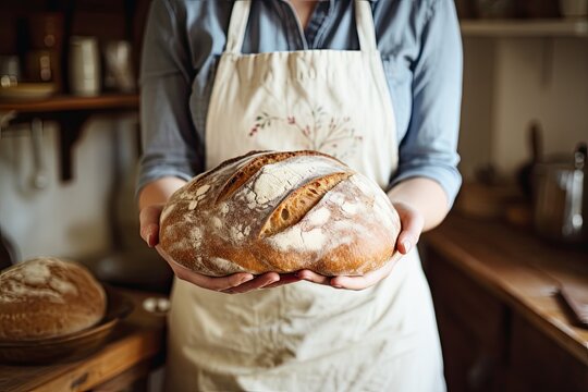 Cropped photo of a woman holds freshly baked bread. Young Caucasian female baker in apron holding round bread in hands over home bakery background.
