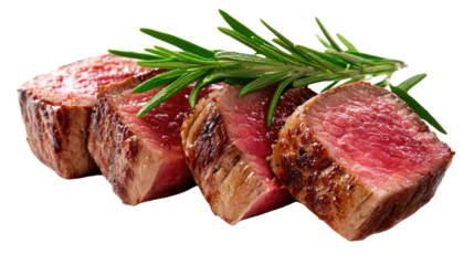Sliced Steak with Rosemary: Slices of perfectly cooked steak showcasing a vibrant red interior, accompanied by fresh rosemary, evoking the rich flavors of a gourmet culinary experience.