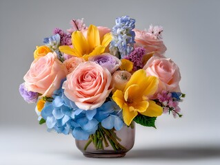 Obraz premium A beautiful floral arrangement with roses, hydrangeas, and tulips in a glass vase on a white background.