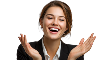 Radiant smile: A stunning woman, eyes crinkling with mirth, beams brightly at the viewer, her arms gesturing as if embracing a delightful surprise or joyous occasion. A vibrant portrait of happiness.