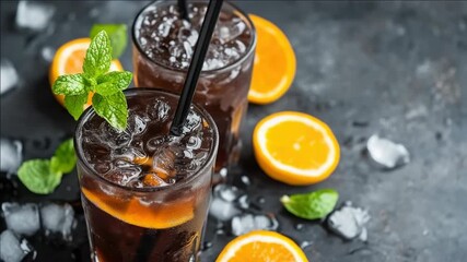 This features a refreshing cocktail with sugar rim and lemon twist, accompanied by fresh orange slices. The drink is served in a glass on a bar surface. - Powered by Adobe