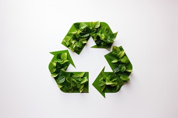 Eco friendly recyclation concept. Green recycle icon on fresh spring meadow on white background.