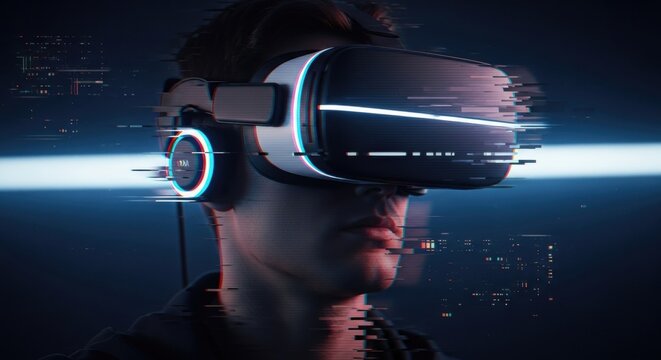 Cyberpunk VR Immersion: Man with Glitching Headset and Glowing Data Stream - Powered by Adobe