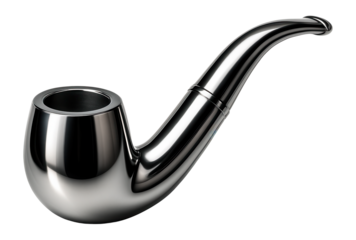 Sleek metallic smoking pipe with a curved stem and shiny finish on transparent background.