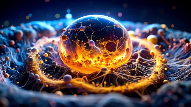 Mysterious Cosmic Entity: An abstract digital image depicting an energy sphere, with intricate network, enveloped by swirling celestial elements, representing the mysteries of space and science.