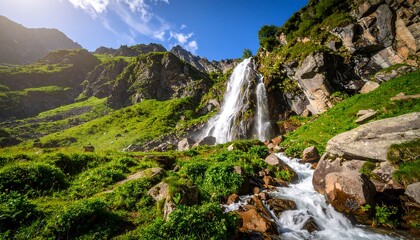 Obraz premium Majestic cascade flowing between mountain slopes, surrounded by lush greenery in summer season