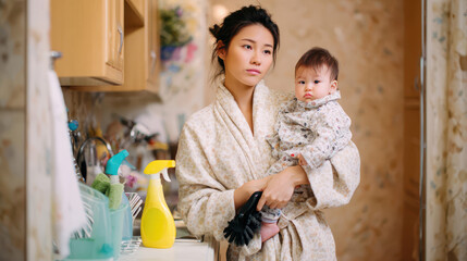 Mother holding baby in a kitchen, wearing a robe, surrounded by cleaning supplies, looking contemplative and tired