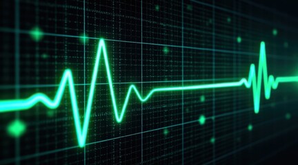 Green neon heartbeat line on a dark digital grid background