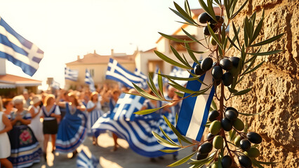 A vibrant Greek celebration features people waving national flags and dancing in traditional attire, with a symbolic olive branch in the foreground.