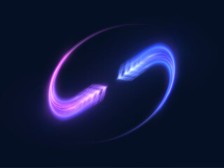 Dynamic vector swirl of glowing arrows in vibrant blue and purple tones on dark background. Abstract curved light motion in futuristic style, ideal for sci-fi or digital speed design.
