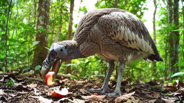 Extinct Dodo Bird Feeding on Jungle Fruit in Sunlit Mauritian Forest &ndash; Tropical Wildlife and Prehistoric Island Scene

