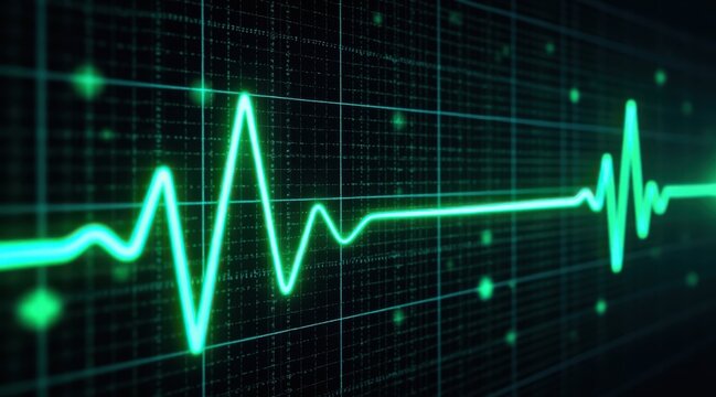 Green neon heartbeat line on a dark digital grid background