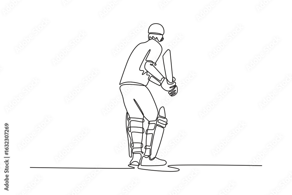 Aufkleber continuous one line drawing back view of male cricket player with protective helmet on the field in 