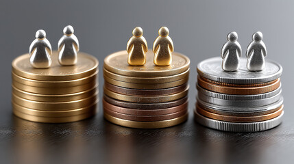 Coin Stacks and Figurines: A macro perspective of stacks of coins, each crowned by a miniature figurine, suggesting concepts of finance, investment, or social tiers.