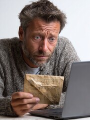 Concerned man reading message on laptop with anxious expression