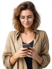 Young Woman with Glasses Engaged in Smartphone Activity Smiling
