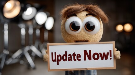 Cute Cartoon Character Holding Sign with Update Now Message