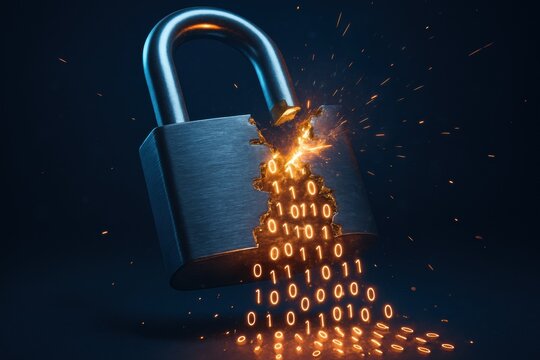 A Metallic Padlock With Glowing Binary Code Flowing From It, Symbolizing Data Protection and Cybersecurity in the Digital Era