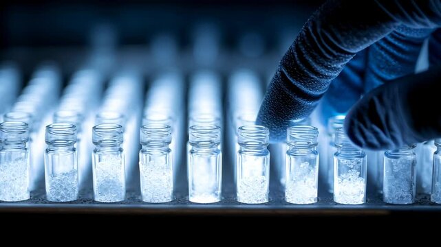 Embryo transfer process with laboratory glass vials and gloved hand selecting sample blue light showing scientific medical