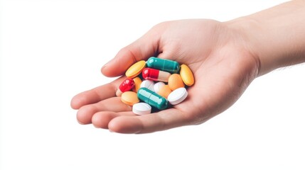 Hand holding assortment of colorful capsules, tablets, and pills representing various medications and health solutions