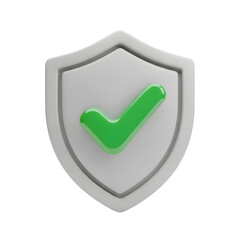 3D render of a white shield with a green checkmark inside on a black background tick