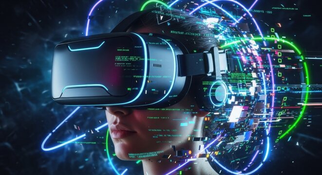 Immersive VR Experience: Futuristic Woman with Data Overlay, Neon Lines.