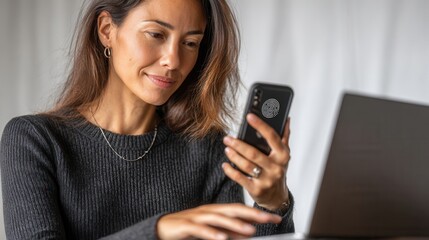 Young Woman Using Smartphone While Working on Laptop at Home