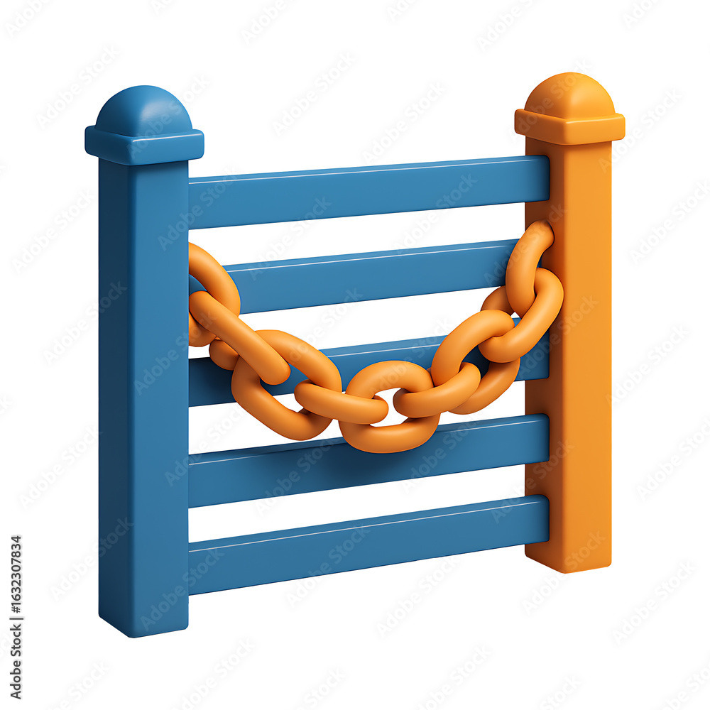 Poster blue and orange 3d gate with linked chain isolated on a transparent background