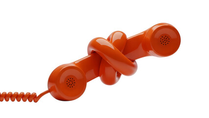 Orange telephone handset tied in a knot communication issues frustration and stress concept on white background on transparent background