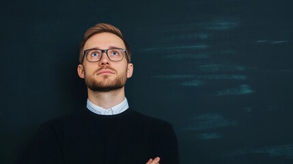 expert young man in glasses contemplating ideas and concentrating on solving a complex problem, against a dark background with copy space