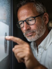 Focused Man Analyzing Textured Surface with Finger on Glass