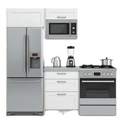 3d kitchen interior room set, furniture and appliances. Refrigerator, gas stove, range hood, microwave, blender and kettle.