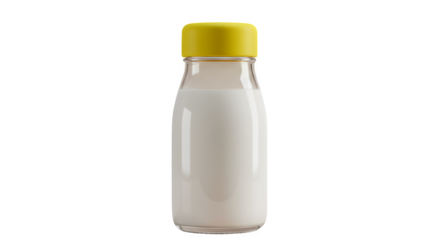 White milk with yellow cap in a clear glass bottle, product photography, branding, food poster.