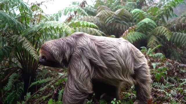 Giant Ground Sloth Walks Through Misty Prehistoric Rainforest &ndash; Pleistocene Jungle With Towering Ferns and Extinct Fauna

