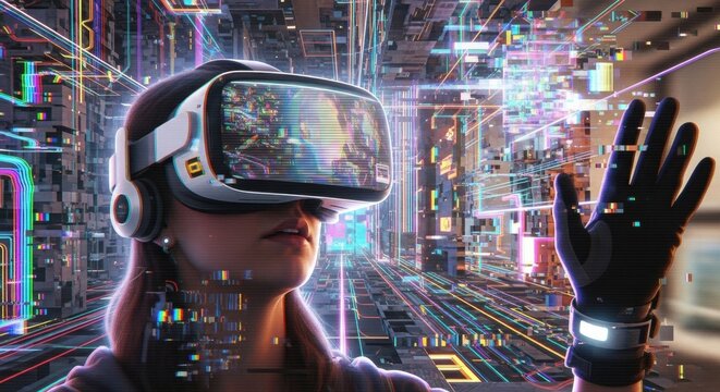 Immersive VR Experience: Woman Navigating a Glitching Cyberpunk Cityscape