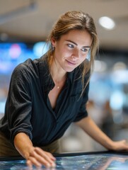Engaged Woman Using Interactive Touchscreen Display in Modern Space
