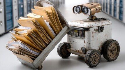 Cute Robot with Cart Full of Paper Folders in an Office Setting