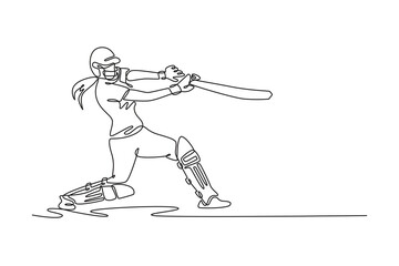 Single continuous line drawing side view of woman cricketer hitting the ball with bat for match or competition. Fitness training, performance or game. One line draw graphic design vector illustration