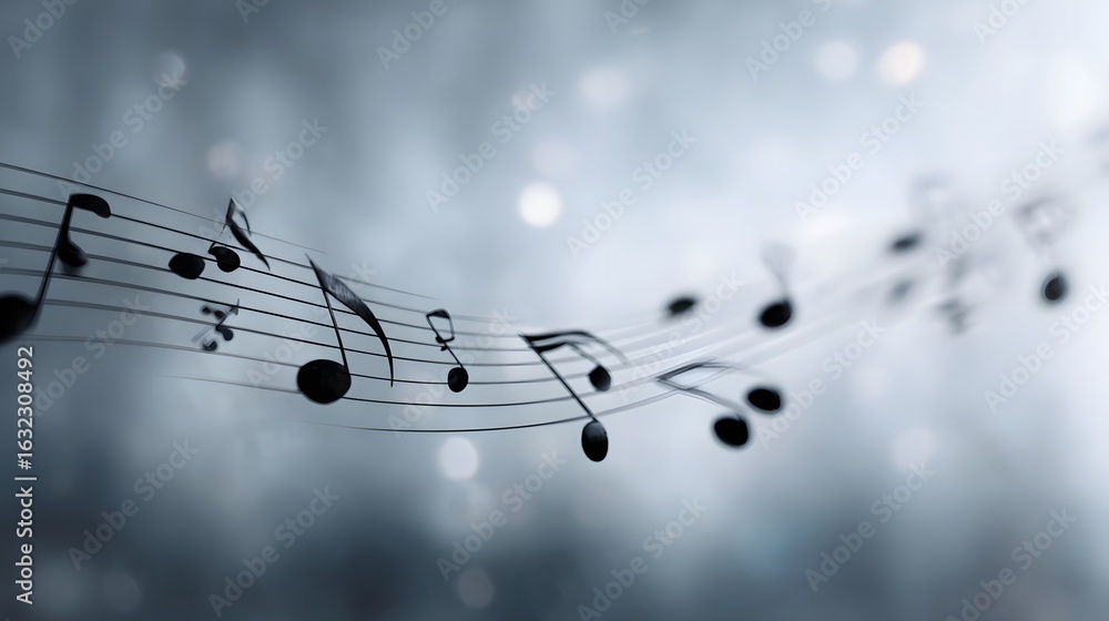Poster musical notes floating on a transparent softly lit background
