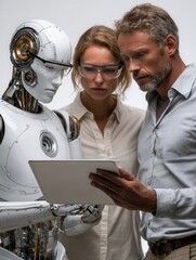Human and Robot Collaborating on a Digital Device in Modern Office